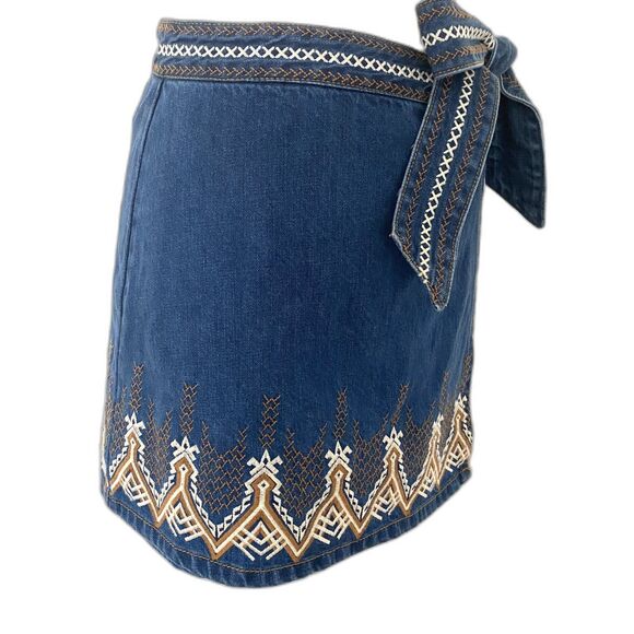 Free People Dream Away Embroidered Denim Wrap Mini Skirt Aztec Cotton Sz 8 - Picture 9 of 11